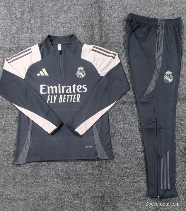 24/25 Kids Real Madrid Grey/Khaki Half Zipper Jacket+Long Pants