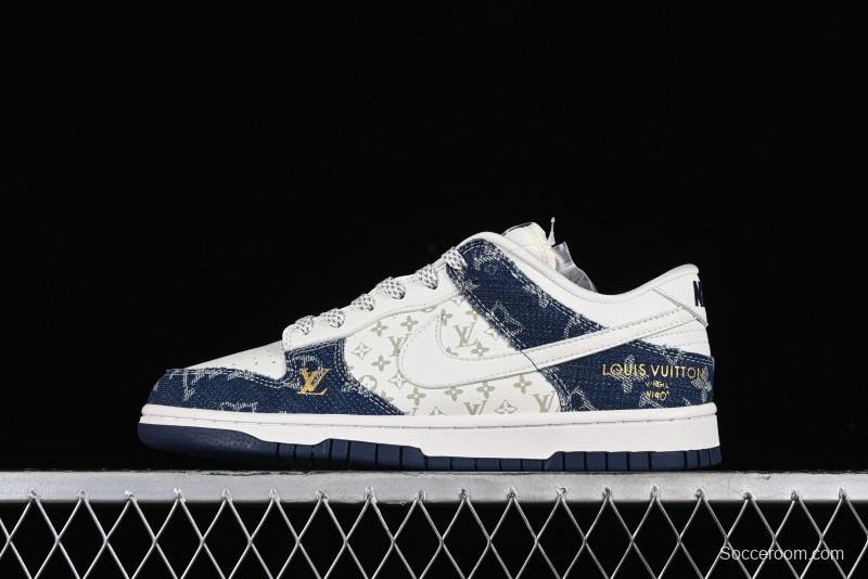 Nike SB Dunk Low LV Collaboration - Blue Denim Print Anniversary High-End Custom Low-Top Casual Sneakers - FC1688-162