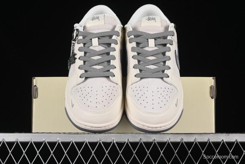 Nike SB Dunk Low Stussy Collaboration - Grey Pigskin Red Tail Anniversary High-End Custom Low-Top Casual Skate Shoes - XY2025-015