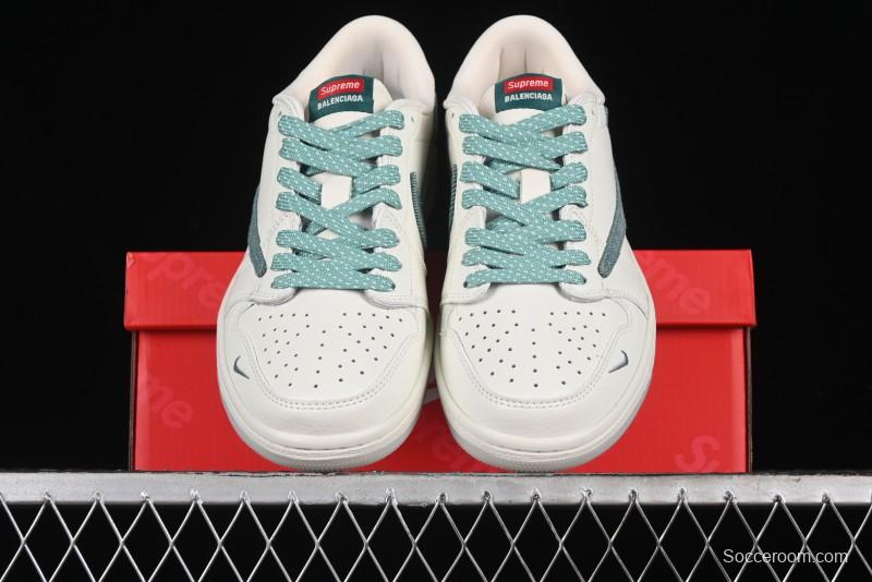 Nike Travis Scott x Fragment Design x Air Jordan 1 Low OG SP AJ1 Supreme Collaboration - Green Canvas Swoosh Low-Top Casual Sneakers - JH6088-706