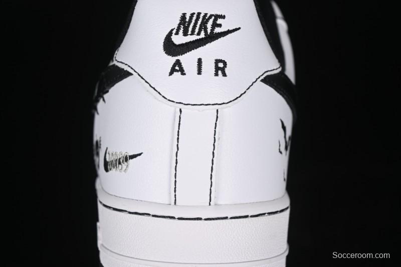 Nike Air Force 1 '07 Low Casual Sneakers with Black and White Hand-Drawn Anime Design - CT2585-100