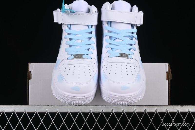Nike Air Force 1 '07 Mid Light Blue Hand-Painted Cracked Three Stripes Shadow Mid-Top Casual Sneakers - CW2289-111