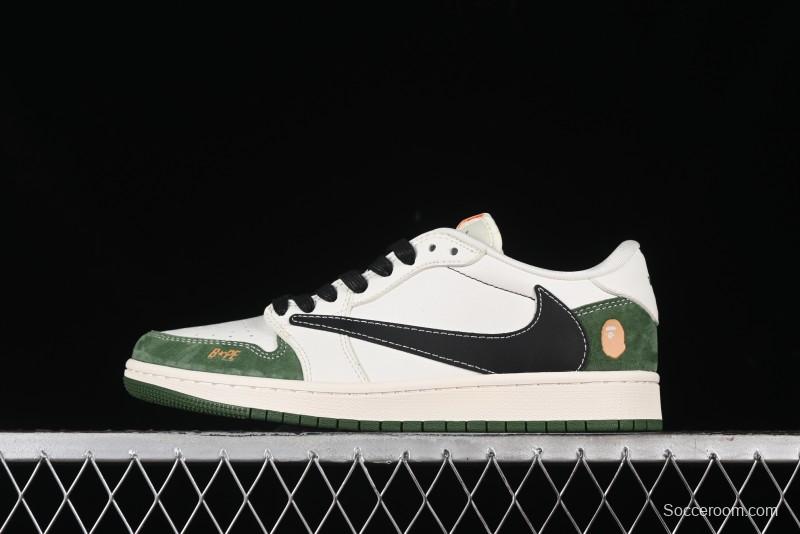 Nike Travis Scott x Fragment Design x Air Jordan 1 Low OG SP AJ1 Bape Collaboration - Jungle Green Low Top Casual Sneakers - XY2688-107