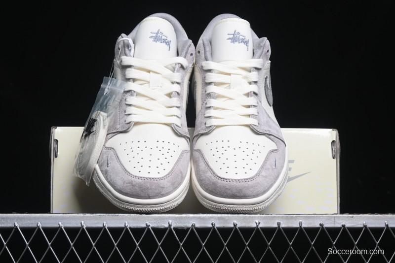 Nike Air Jordan 1 Low Stussy Collaboration - Grey White Dual-Tone Red Tag Retro Basketball Shoes - SJ9950-031
