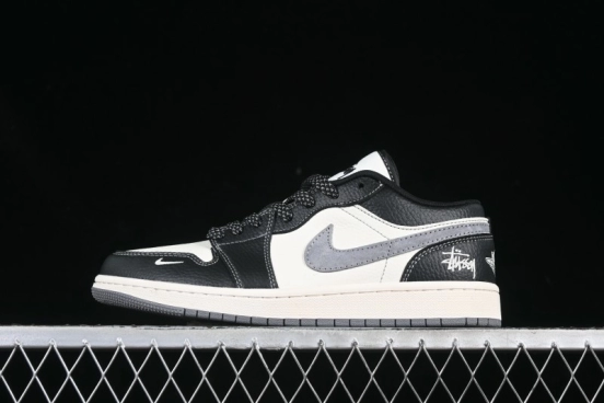 Nike Air Jordan 1 Low Stussy Collaboration Black Grey Swoosh Custom High-End Retro Basketball Shoes - XX3318-511