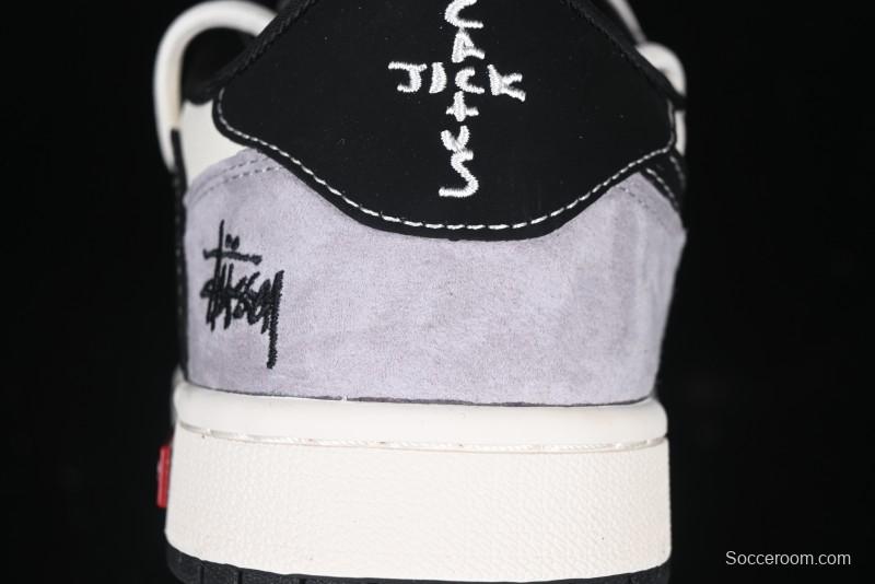 Nike Travis Scott x Fragment Design x Air Jordan 1 Low OG SP AJ1 Stussy Collaboration - Black Hook Dual-Tone Drawstring Low-Top Casual Sneakers - SJ0086-139