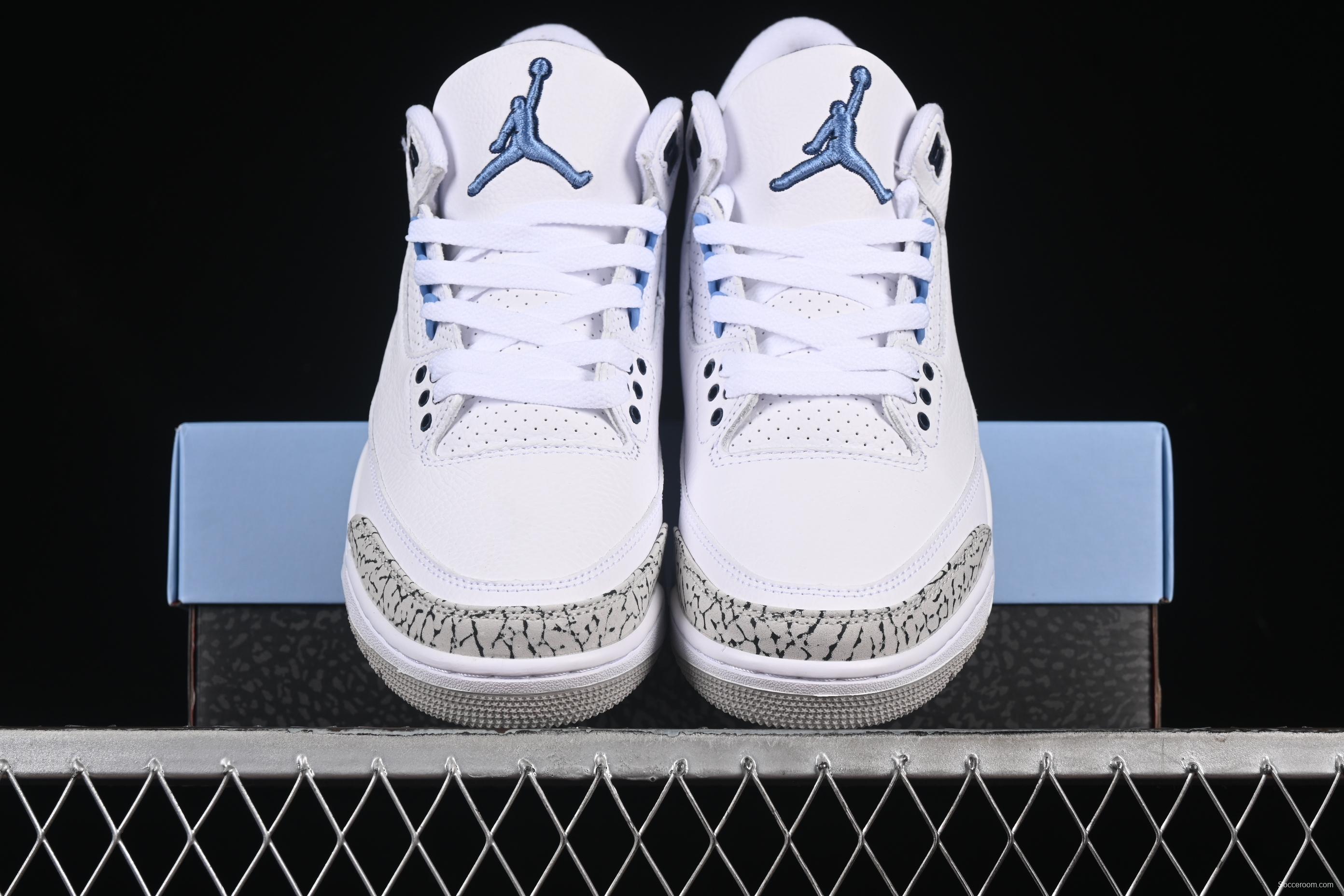 Nike Air Jordan 3 Retro UNC White Blue Cracked Leather Basketball Shoes - CT8532-104