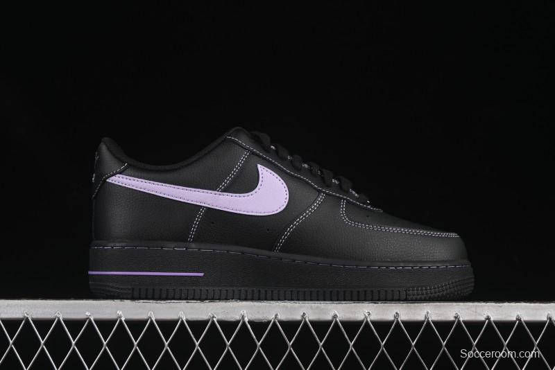 Nike Air Force 1'07 Low Casual Sneakers in Black with Purple Swoosh - HQ2037-001