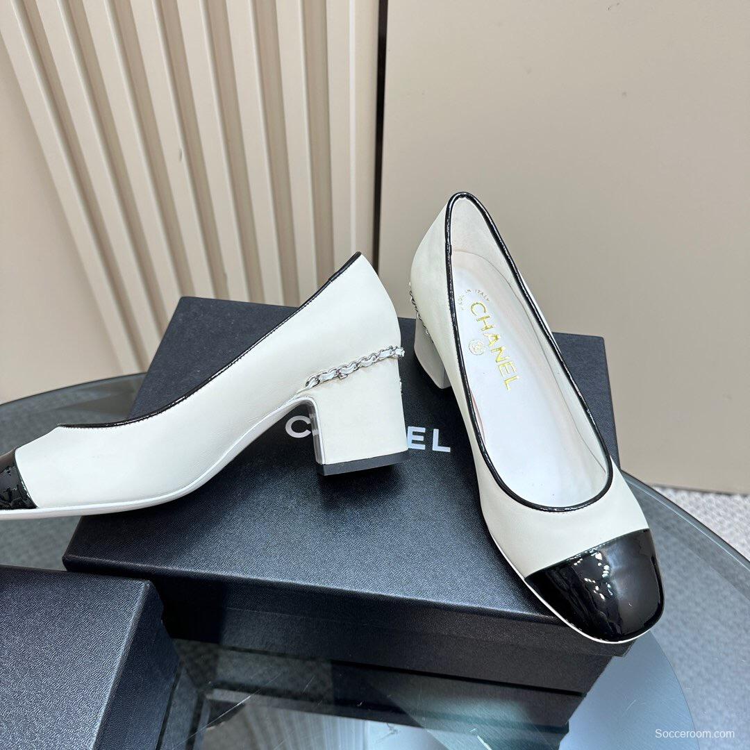 2025 Women Chanel White Black Leather Block Heel Pumps