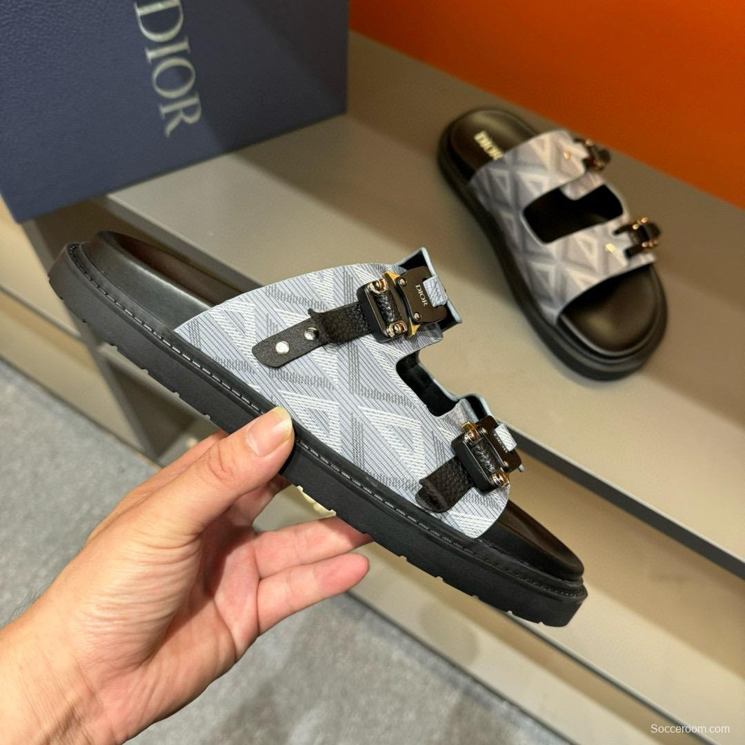2024 Men Dior Grey Canvas Leather Sandals Buckle