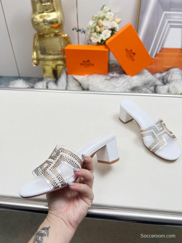 2025 Herme* White Leather Slippers Classic H Pattern MJ00180/215