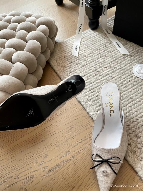 2025 Women Chanel Beige Fabric Pointed Toe Mules KFY00290