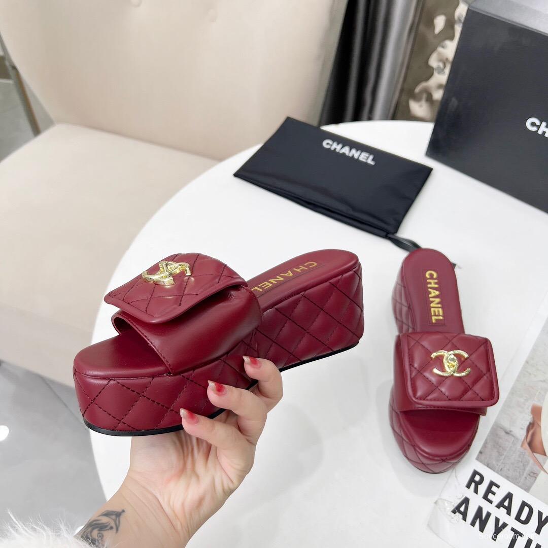 2025 Women Chanel Burgundy Leather Platform Sandals