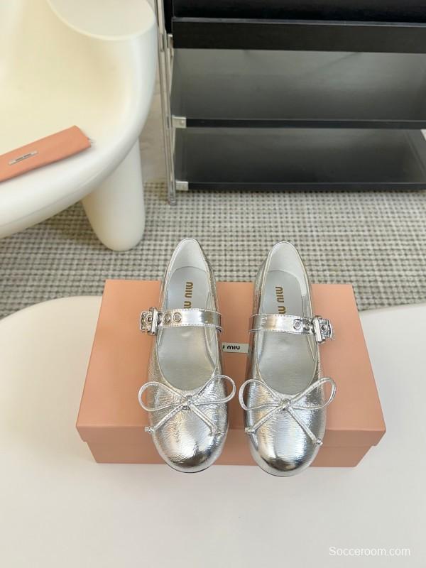 2025 Women Miu Miu Silver Leather Mary Jane Buckle KFY00300