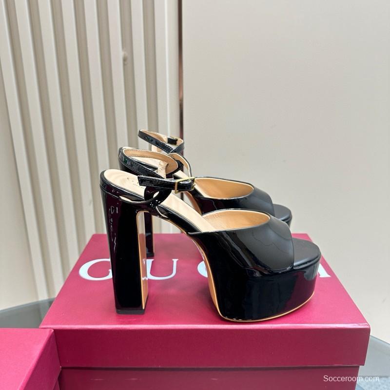 2025 Women Gucci Black Patent Leather Platform Sandals MJ00340
