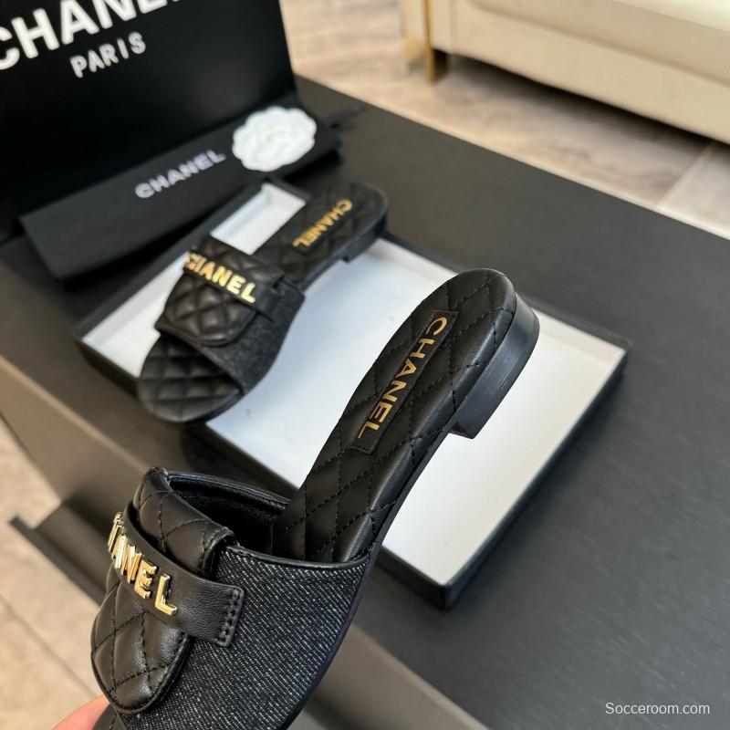 2025 Women Chanel Black Leather Slippers
