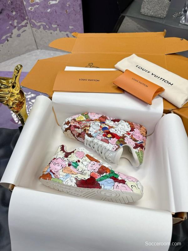 2024 Unisex Louis Vuitton White Pink Red Leather Canvas Sneakers Collaboration MJ00780