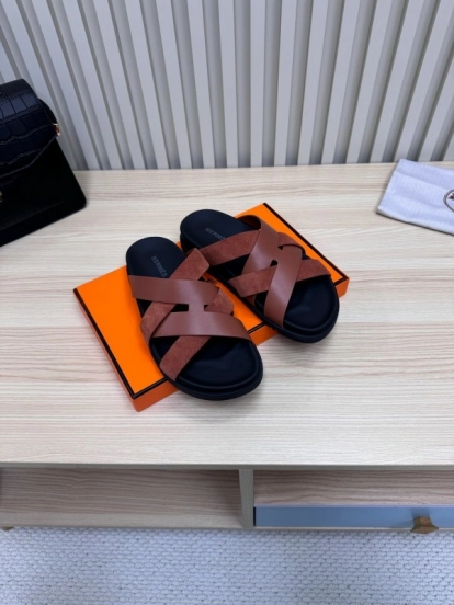 2025 Men HERMÈS Brown Leather Sandals