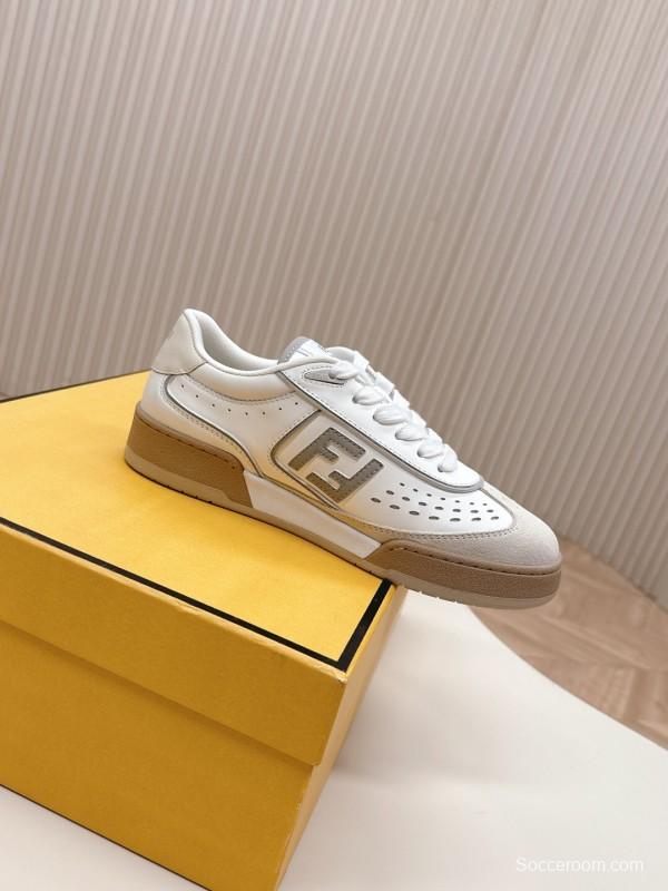 2025 Unisex Fendi White Beige Leather Plimsolls FF Logo LY00350(F)/LY00360(M)