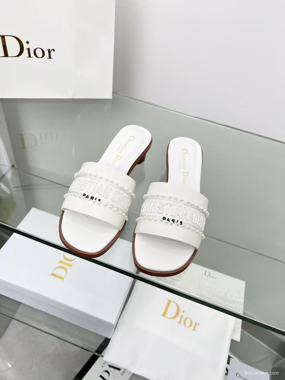 2025 Women Dior White Leather Mules Embroidered LY00210