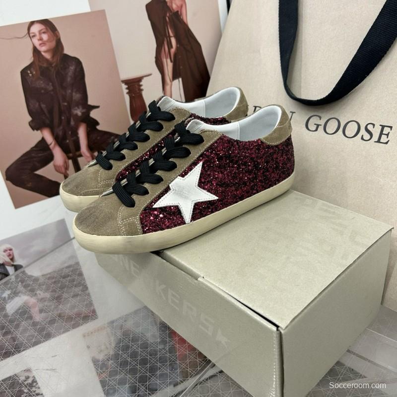 2025 Women GGDB Burgundy White Suede Glitter Sneakers
