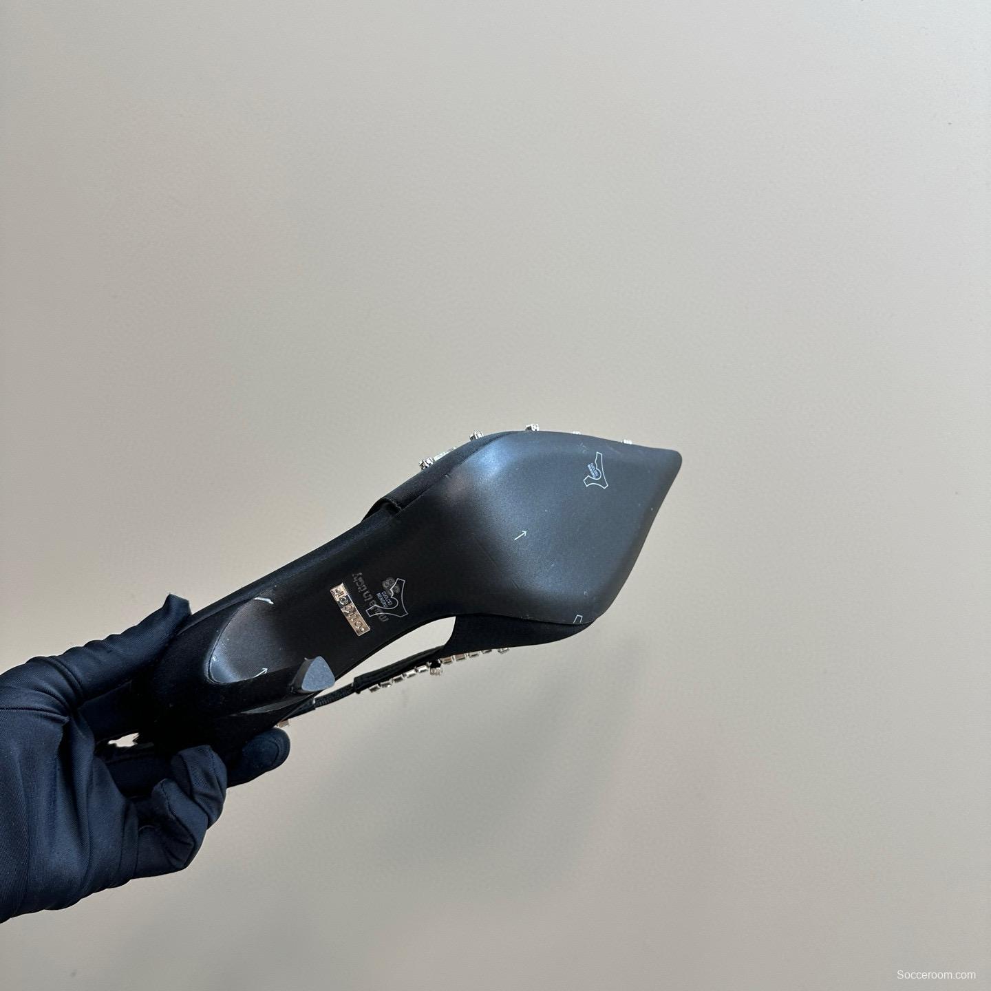 2025 Women Gucci Black Satin Slingback Heels Rhinestone MJ00340