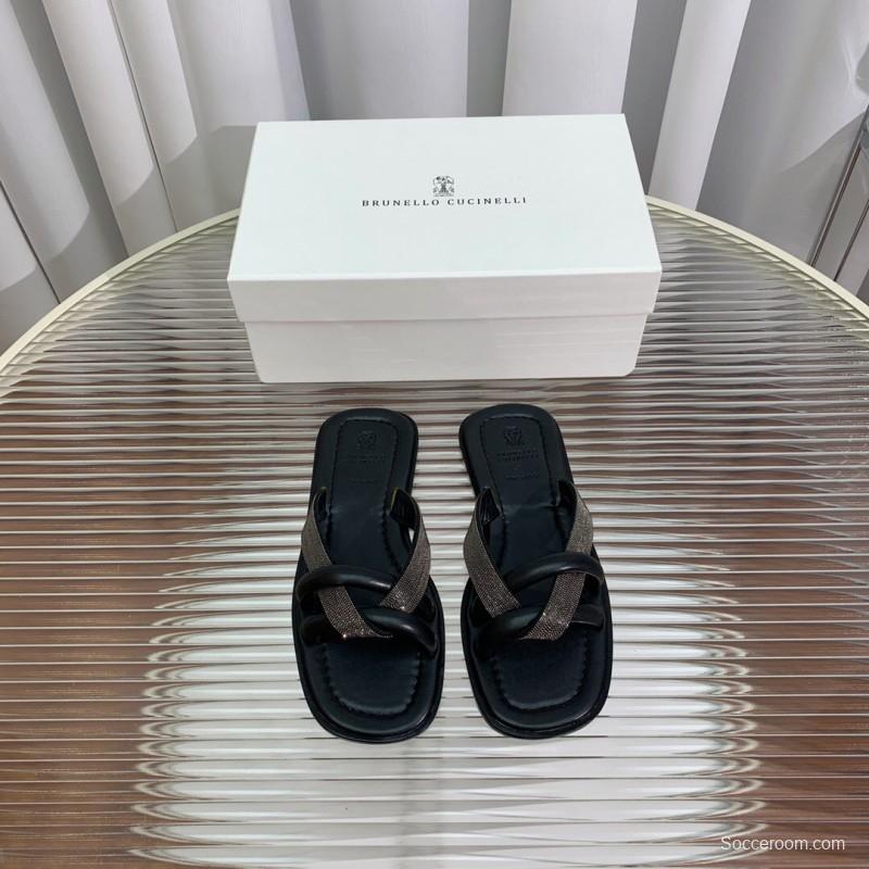 2025 Women Brunello Cucinelli Black Leather Flat Slides With Handwoven Beaded Straps KFY00300 (F)