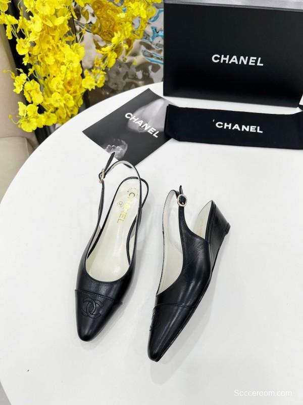 2025 Women Chanel Black Leather Slingback Flats