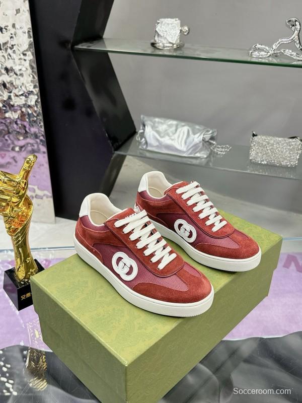 2024 Unisex Gucci Red Burgundy White Leather Suede Sneakers MJ00310