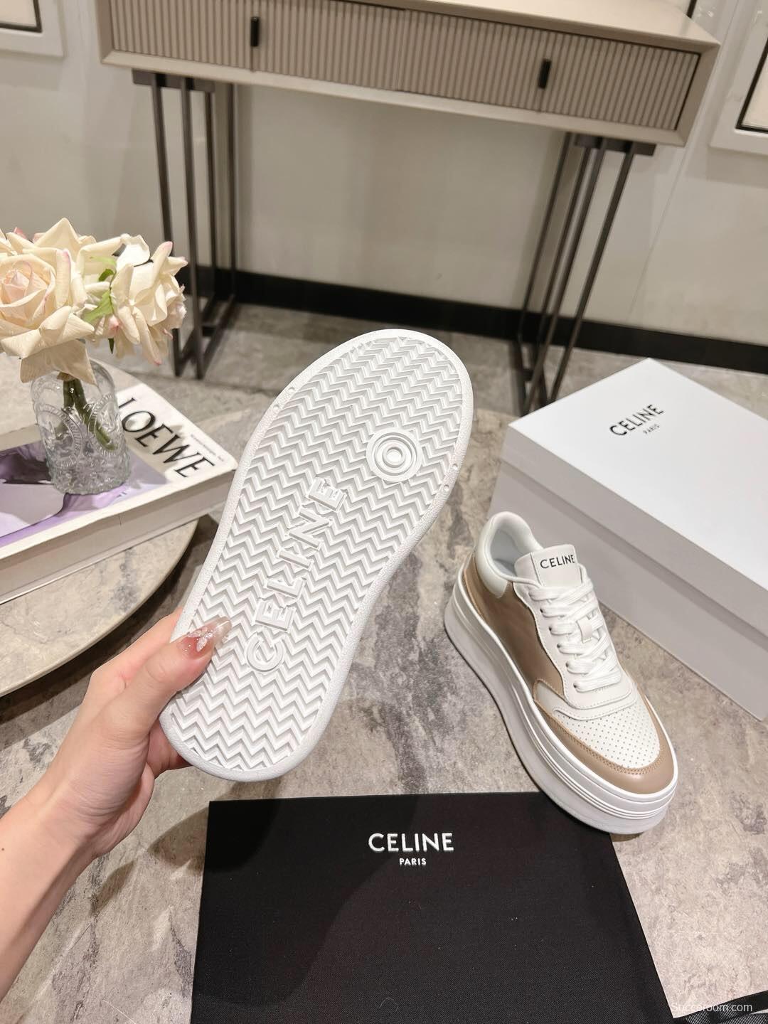 2025 Women Celine Beige White Leather Platform Sneakers