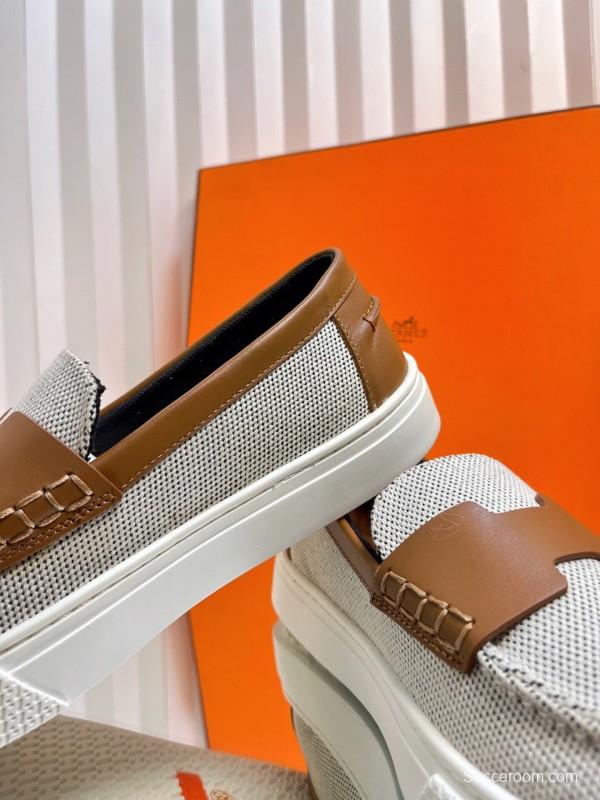 2025 Unisex Hermès White Brown Leather Fabric Loafers
