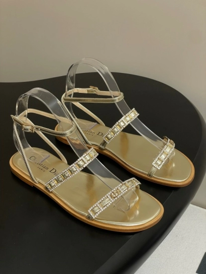2025 Women Dior Gold Leather Sandals Crystal Embellishment