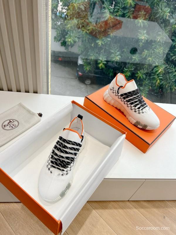 2024 Unisex Hermès White Black Orange Calfskin Suede Knit Sneakers MJ00290