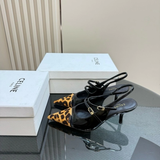 2025 Women Celine Leopard Black Patent Leather Slingback Heels