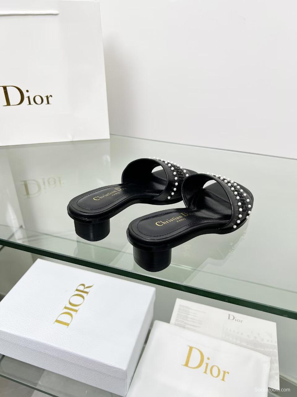2025 Women Dior Black Leather Mules Pearl LY00210