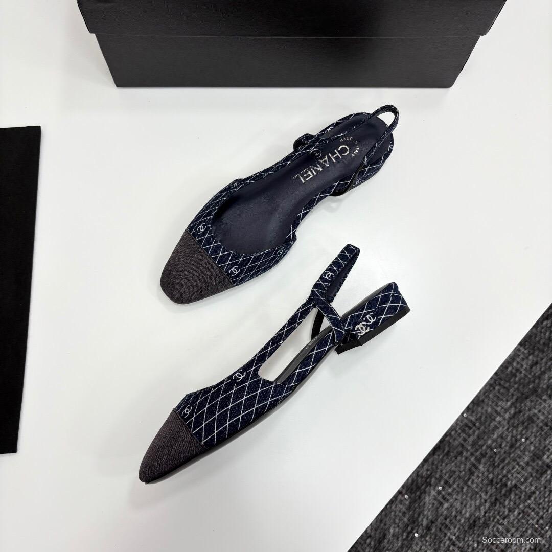 2025 Women Chanel Navy Blue Grey Fabric Leather Slingback LY00000