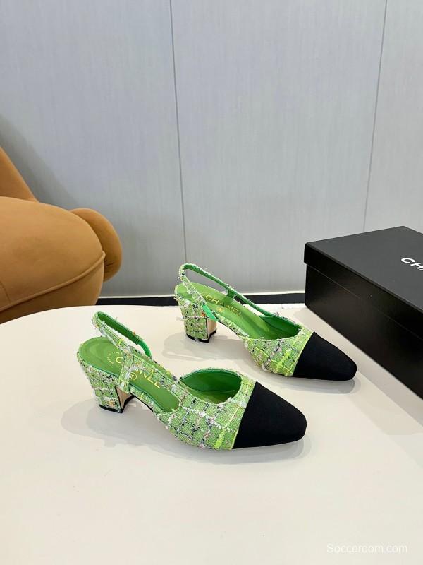 2025 Women Chanel Green Black Fabric Leather Slingback Shoes
