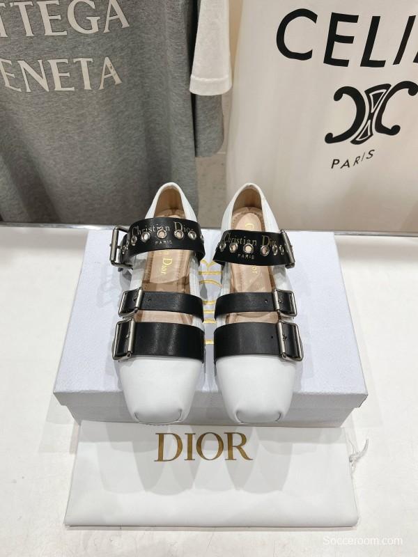 2025 Women Dior White Black Leather Mary Jane Buckle KFY00300