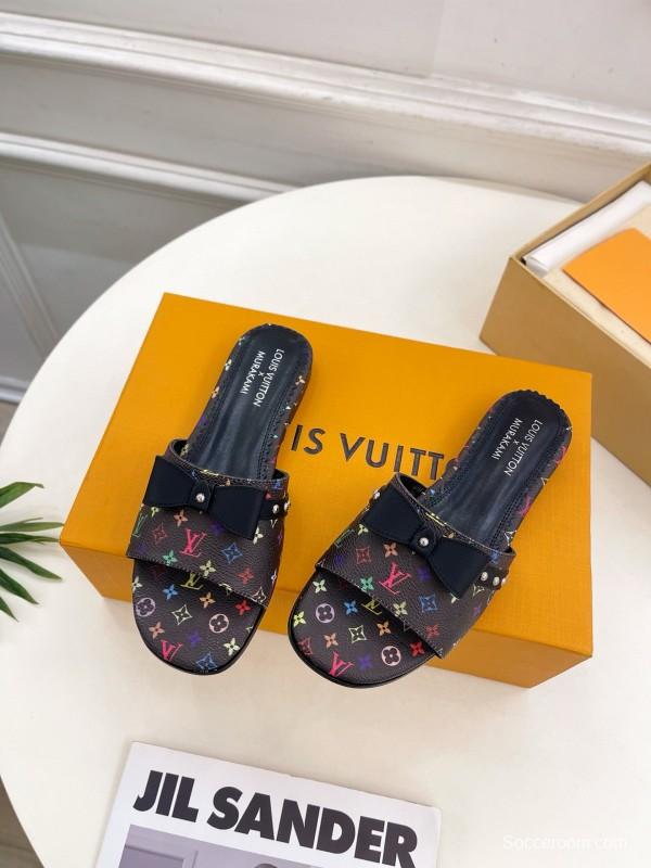 2025 Slippers Louis Vuitton Black Leather Flat Bow MJ00290