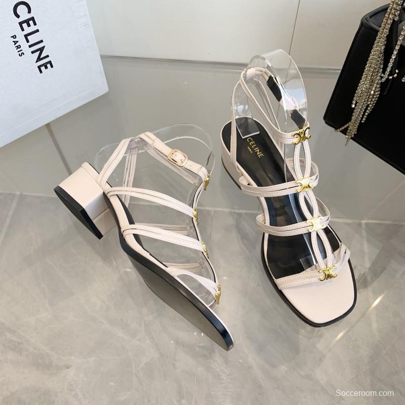 2025 Women CELINE White Leather Sandals Metal Detail KFY00300