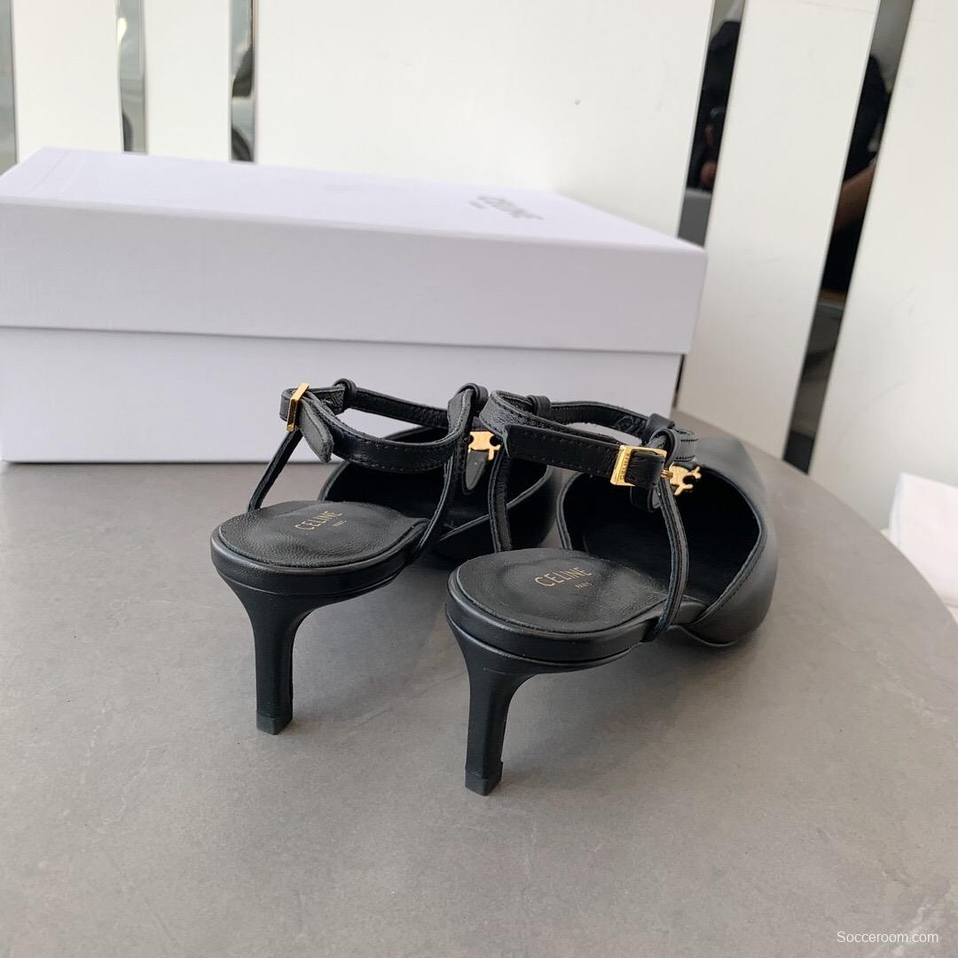 2025 Women Celine Black Calfskin Leather T-Strap TRIOMPHE Pumps