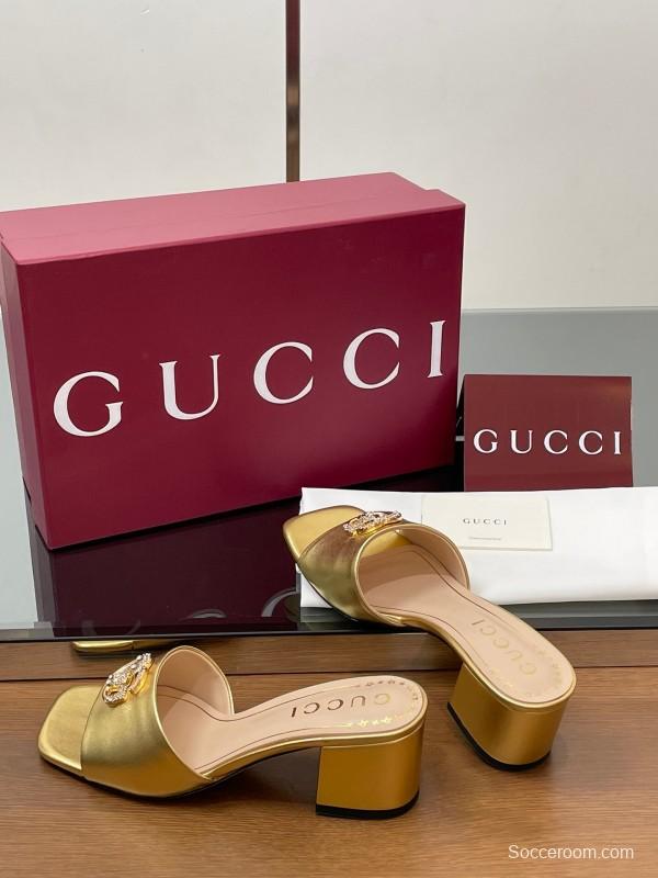 2025 Women Gucci Gold Leather Mules Block Heel