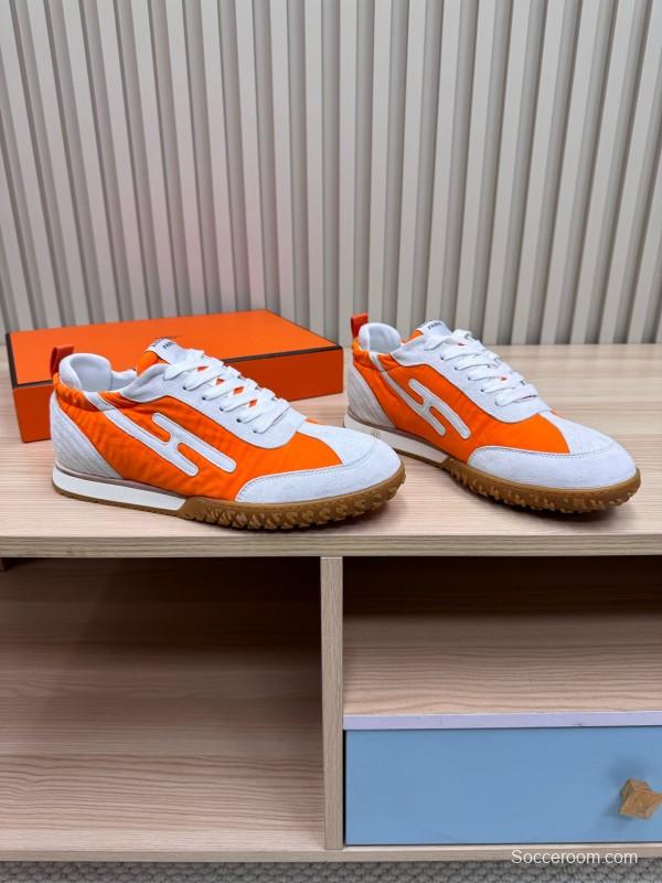 2025 Unisex Hermès White Orange Suede Mesh Sneakers KFY00300