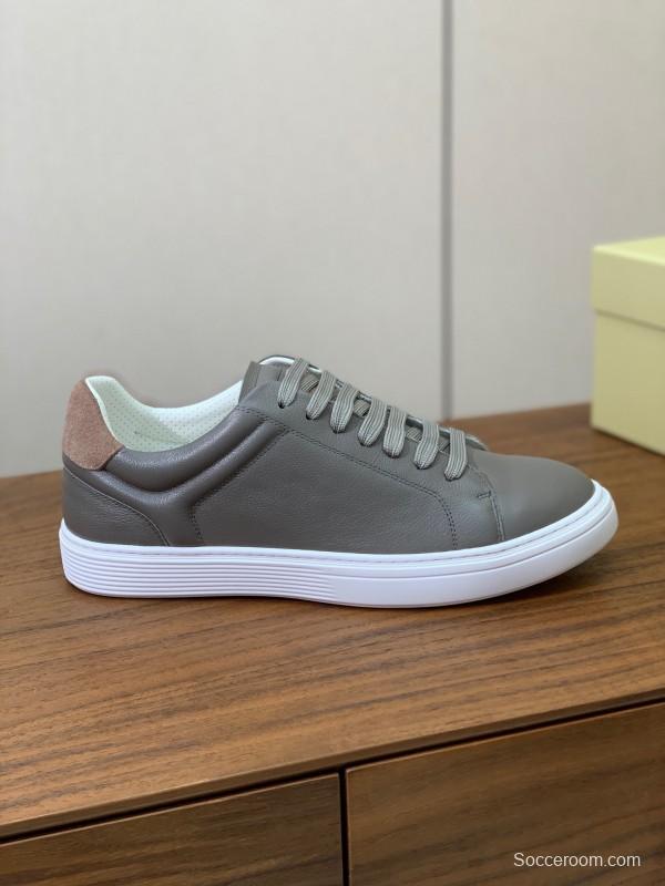 2025 Men Brunello Cucinelli Gray Leather Casual Sneakers Handmade Smooth Finish KFY00310 (M)
