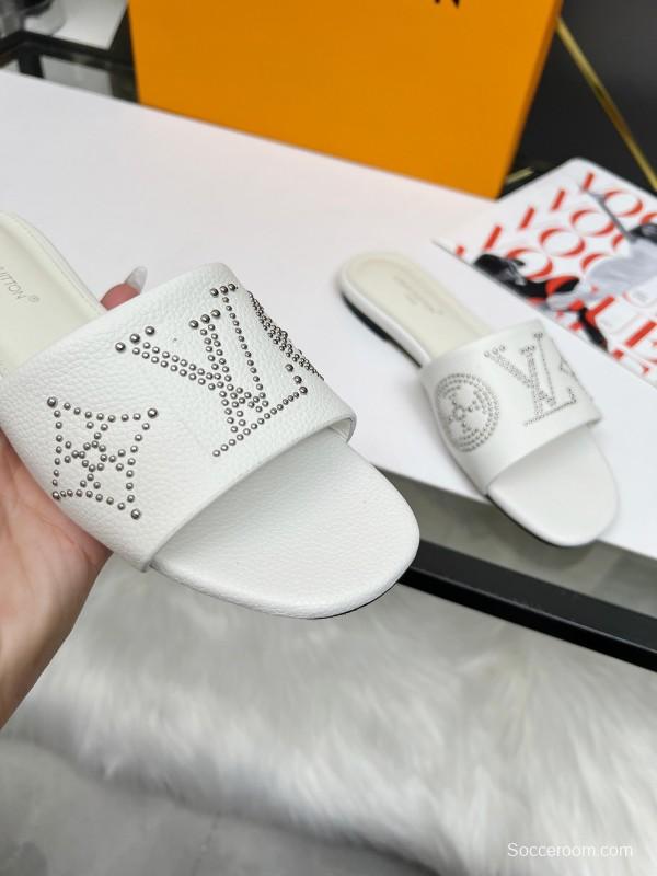 2025 LV White Leather Slippers LY00200