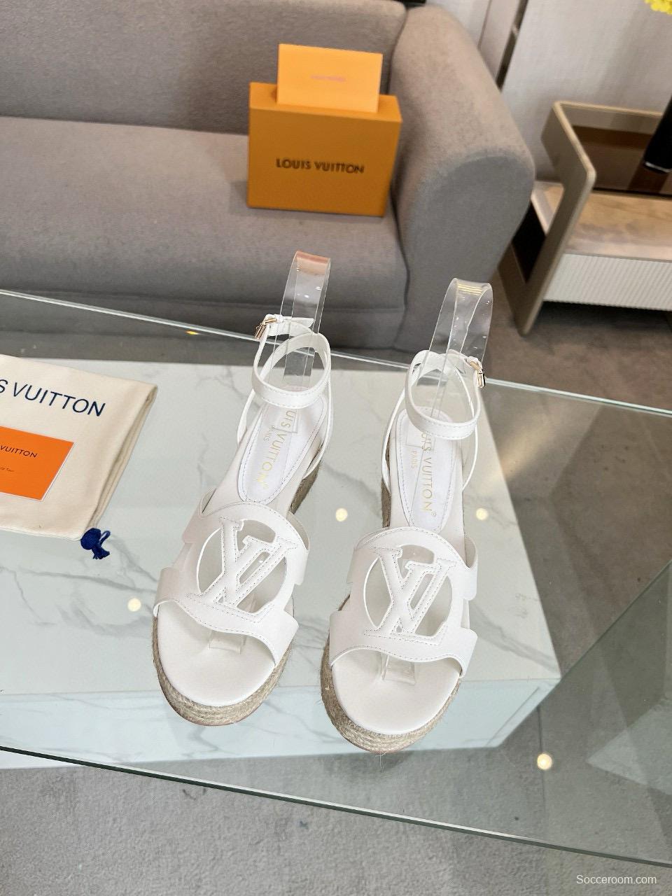 2025 Women Louis Vuitton White Leather Espadrille Wedge Sandals MJ00280