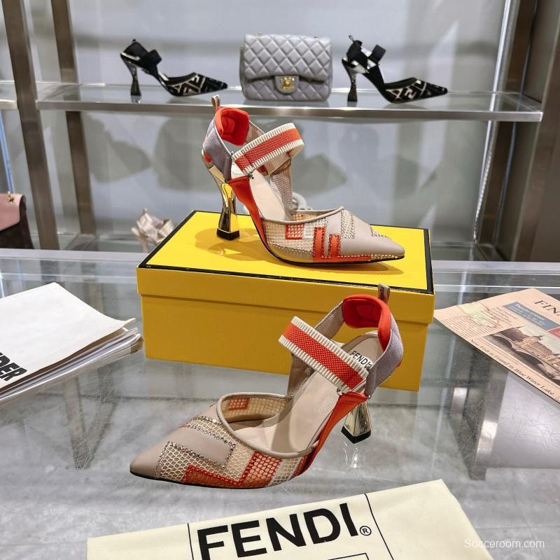2025 Women Fendi Beige Orange Leather Fabric High Heels MJ00280