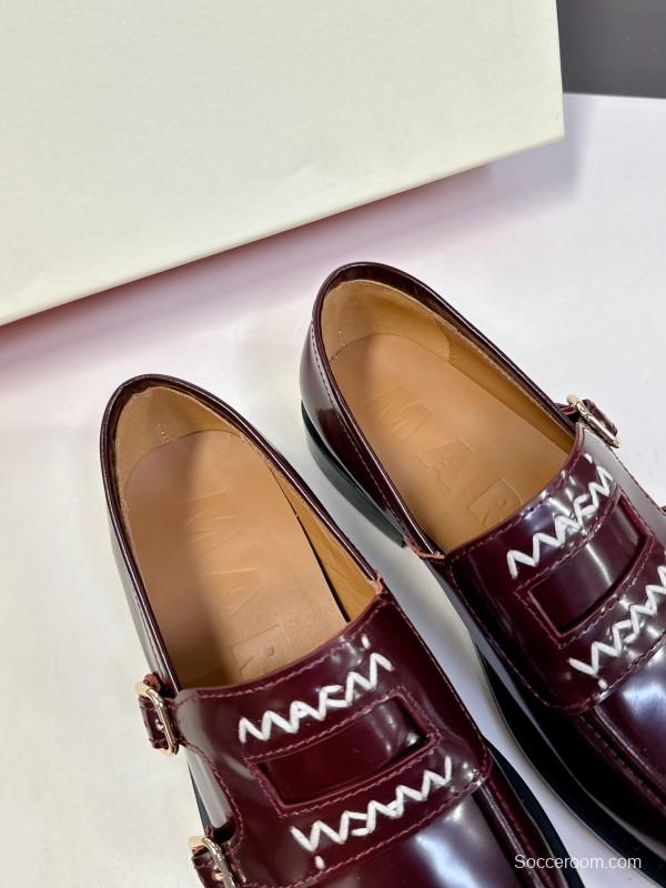 2025 Women Marni Burgundy Leather Loafers KFY00320