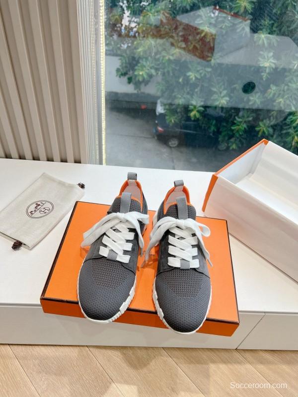 2024 Unisex Hermès Black Orange Calfskin Suede Sneakers MJ00290(M/W)