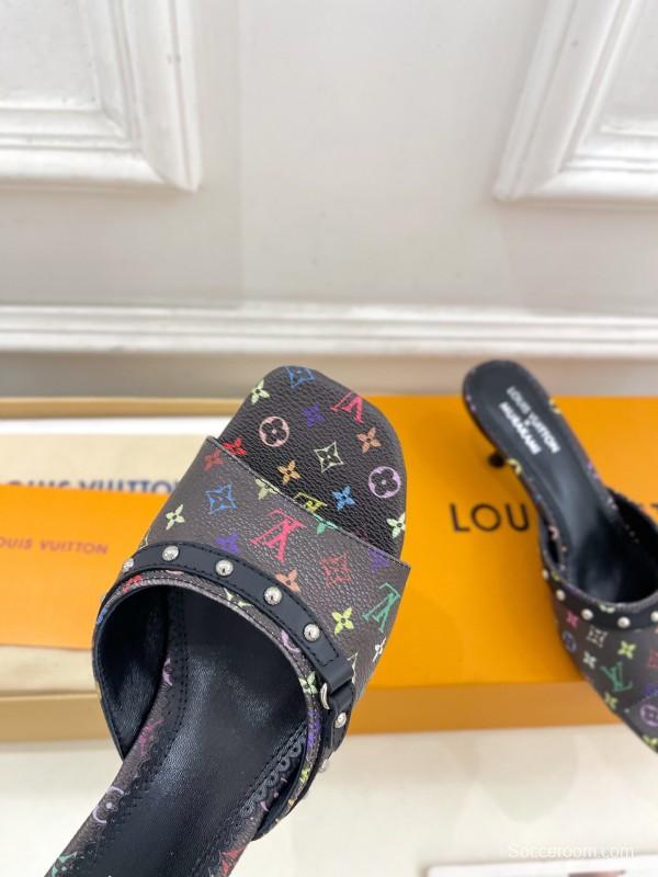 2025 Women Louis Vuitton Black Rainbow Leather Slippers KFY00290